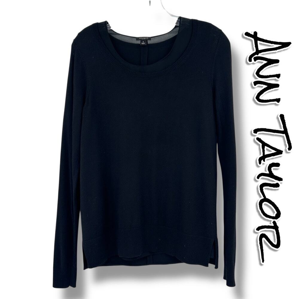 Ann Taylor Black Sweater Top Scoop Neck Layered Hem Cashmere Blend Womens S